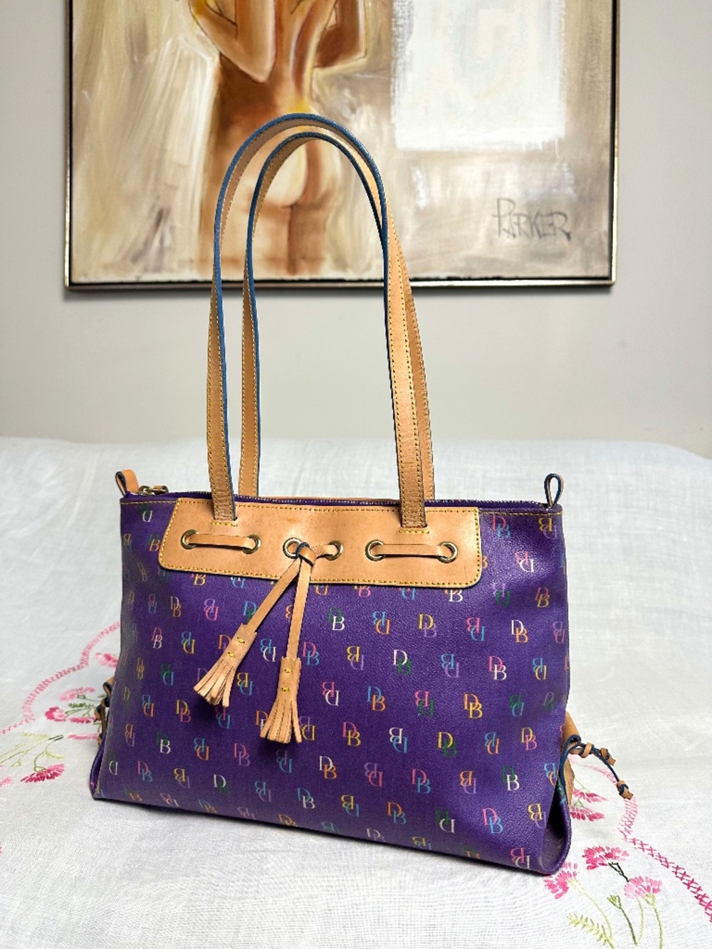 Vintage Dooney & Bourke Purple Rainbow DB Monogram Tote Bag